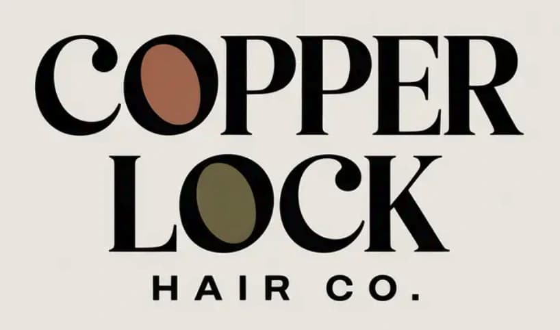 Copper Lock Hair Co. logo generated by Magnt: a serif wordmark with the two Os filled copper and olive