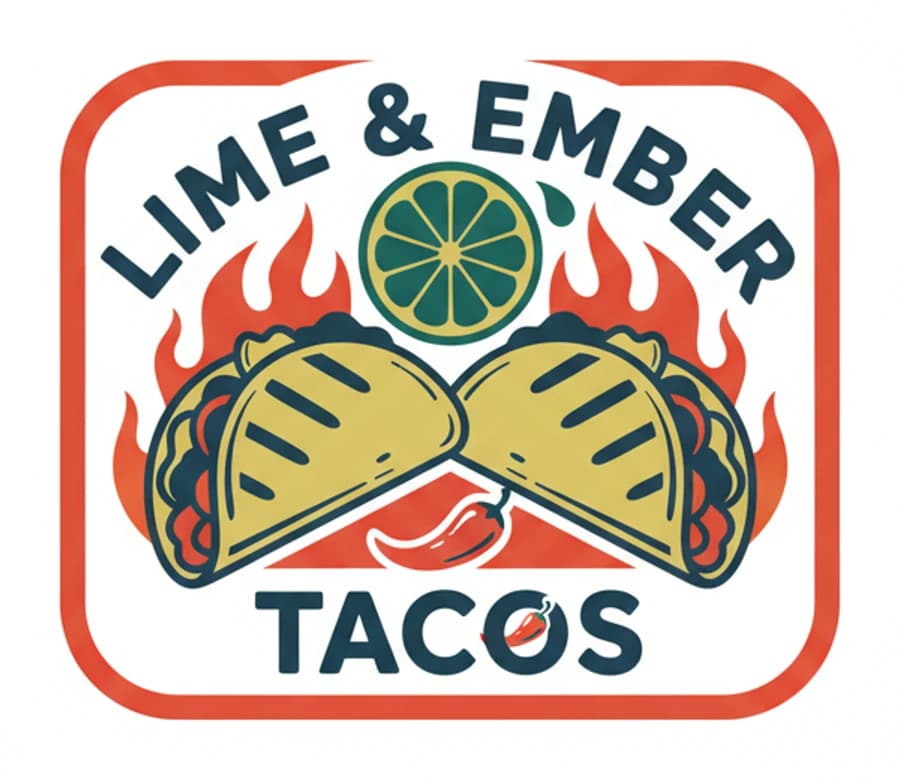 Lime & Ember Tacos logo generated by Magnt: a badge with two tacos, a lime slice and flames