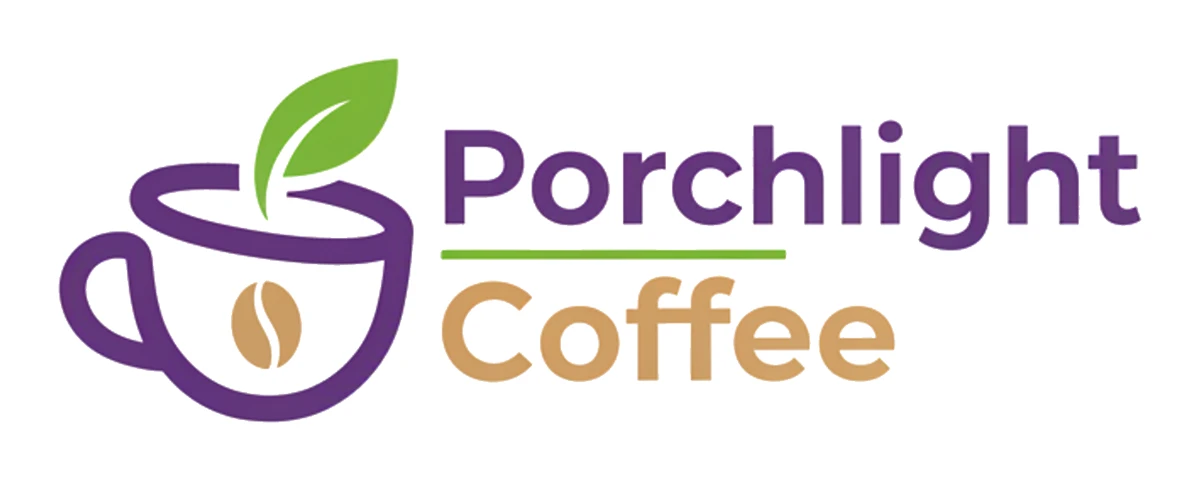 Porchlight Coffee logo generated by Magnt: a coffee cup with a leaf beside the name in purple and gold